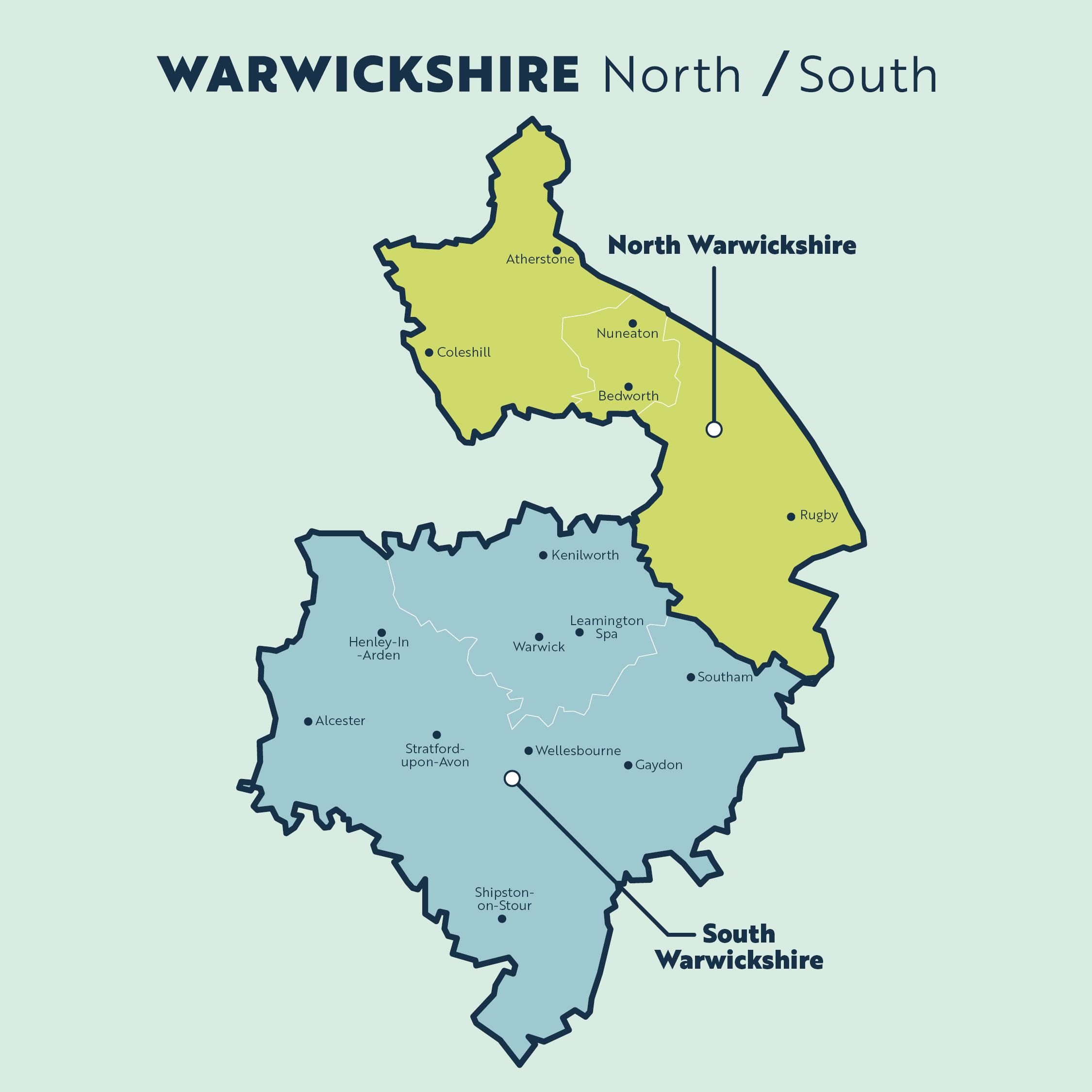 A map of Warwickshire with the north and south boundary