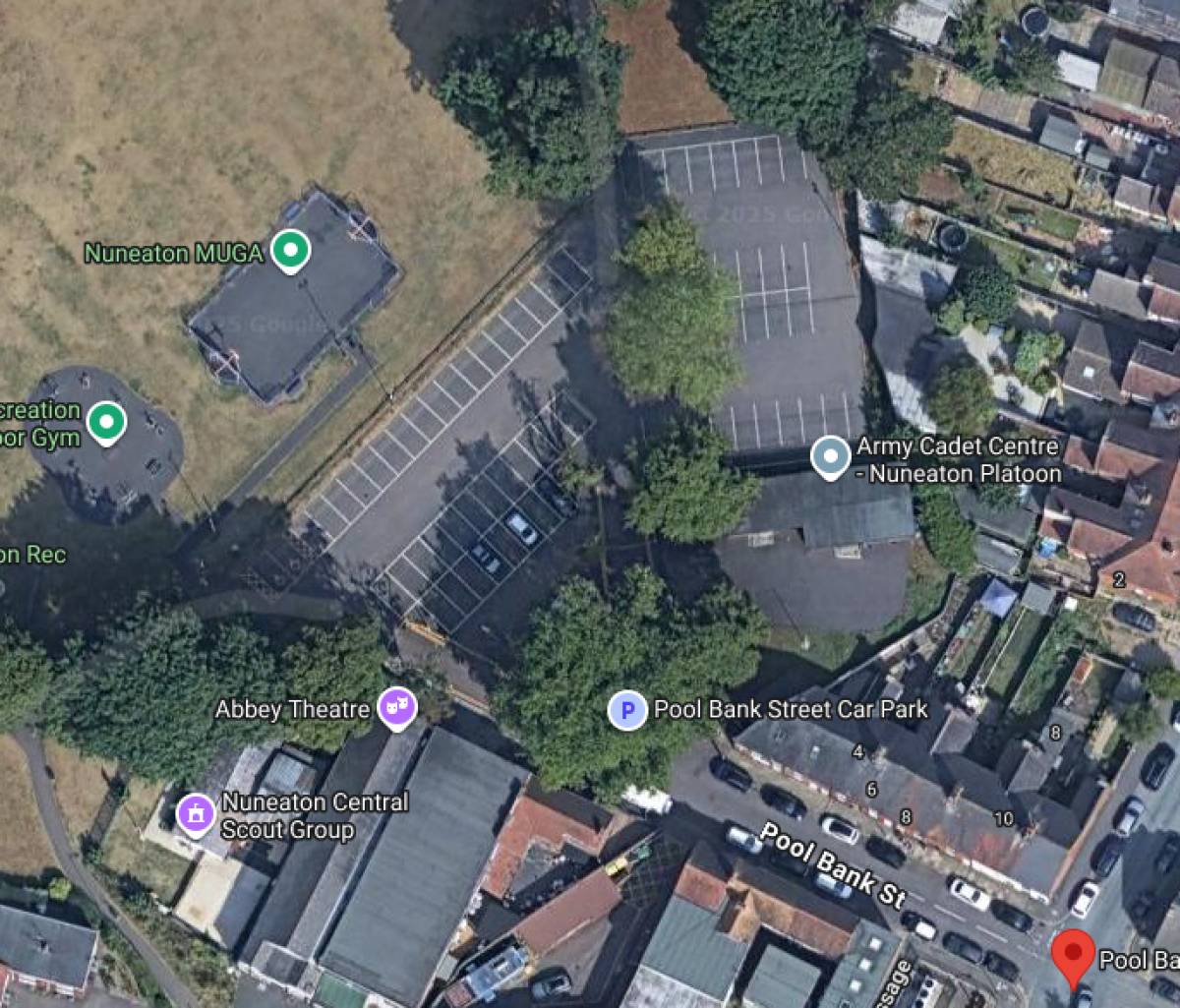 arial map showing Pool Bank Street car park in Nuneaton