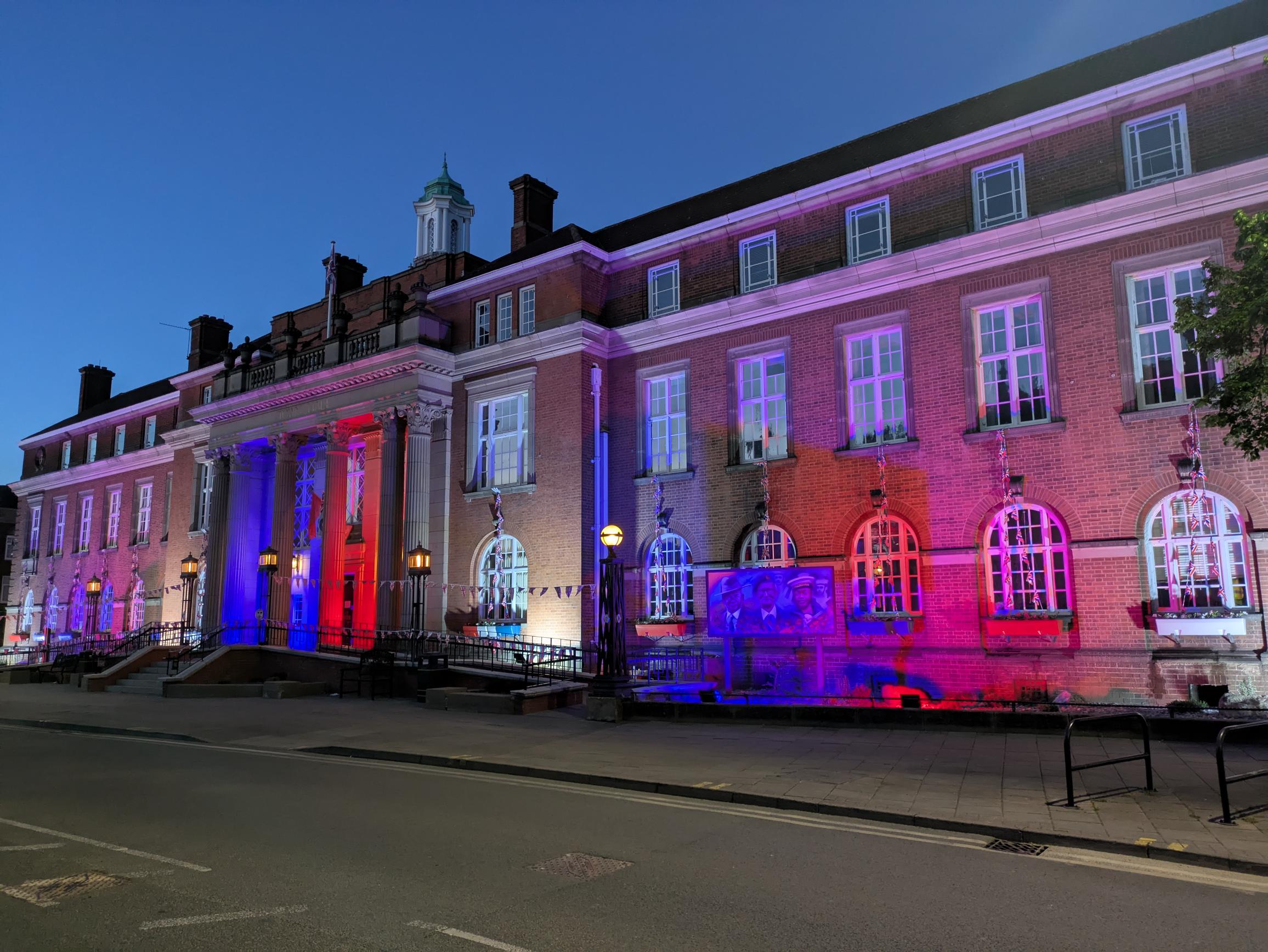 Nuneaton Town Hall Lit in Union Flag Colours