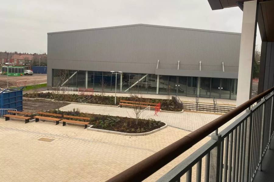 Front elevated view of Grayson Place leisure box from the food hall