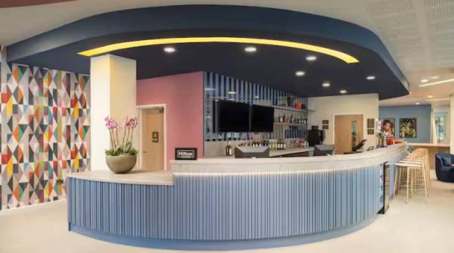 Reception and bar area of Hampton by Hilton hotel in Nuneaton